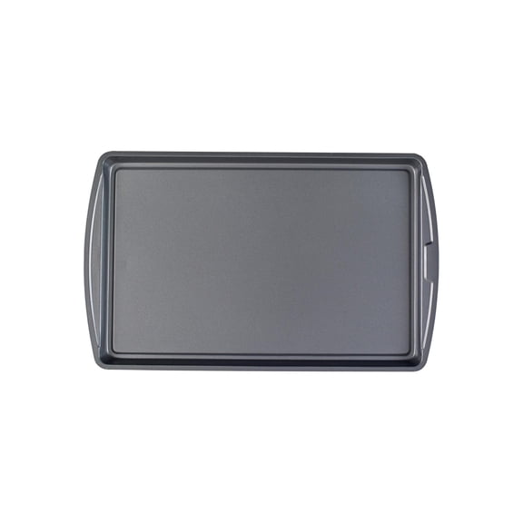 Nonstick baking sheet, 17x11 inch heavy-duty steel pan for even heat, scratch-resistant and dishwasher-safe tray for cookies, desserts, roasted veggies, and sheet pan dinners, gray.