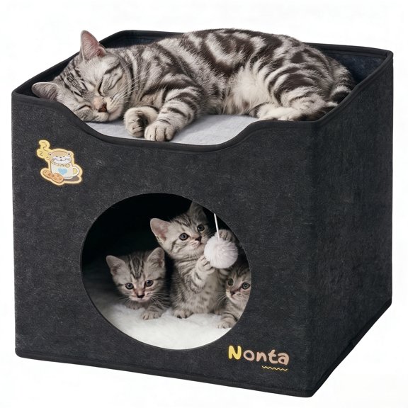 Nonta Cat Beds for Indoor Cats, Large Double Cat Cave Pet Cube with Fluffy Balls, Suitable for Kitten and Puppy