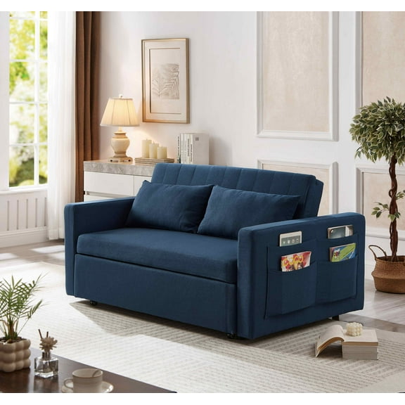Noodeniya 54" Twins Pull Out Sofa Bed with 2 Large Side Pockets, Convertible Sleeper Couch, Fabric Loveseat for Small Place, Navy Blue