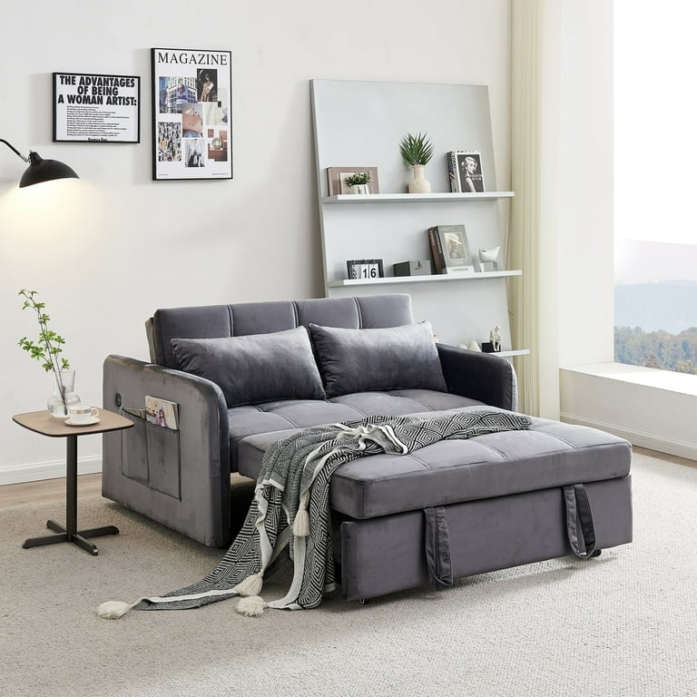 Noodeniya 55.5 inch Twins Pull Out Sofa Bed with 2 Large Side Pockets and USB Port Convertible Sleeper Couch Velvet Loveseat for Small Place Light