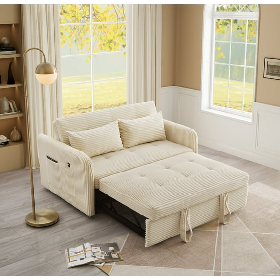 Noodeniya 55" Corduroy Twins Pull Out Sofa Bed with 2 Large Side Pockets and USB, Convertible Sleeper Couch, Loveseat for Small Place, Beige