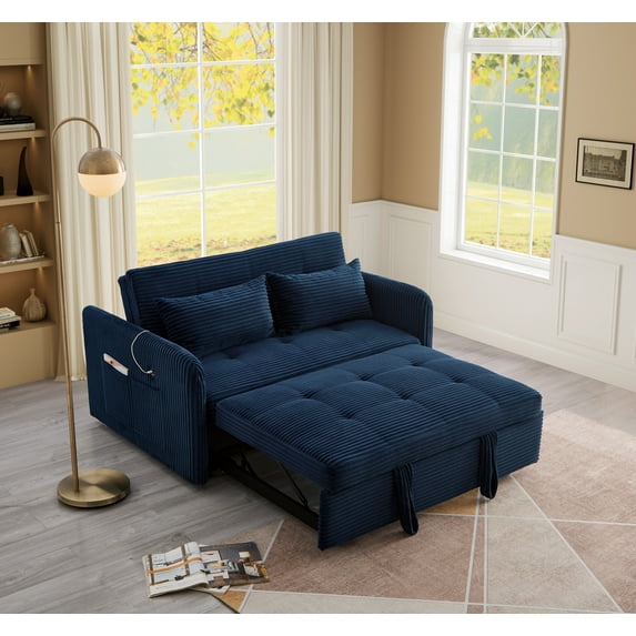 Noodeniya 55" Corduroy Twins Pull Out Sofa Bed with 2 Large Side Pockets and USB, Convertible Sleeper Couch, Loveseat for Small Place, Blue