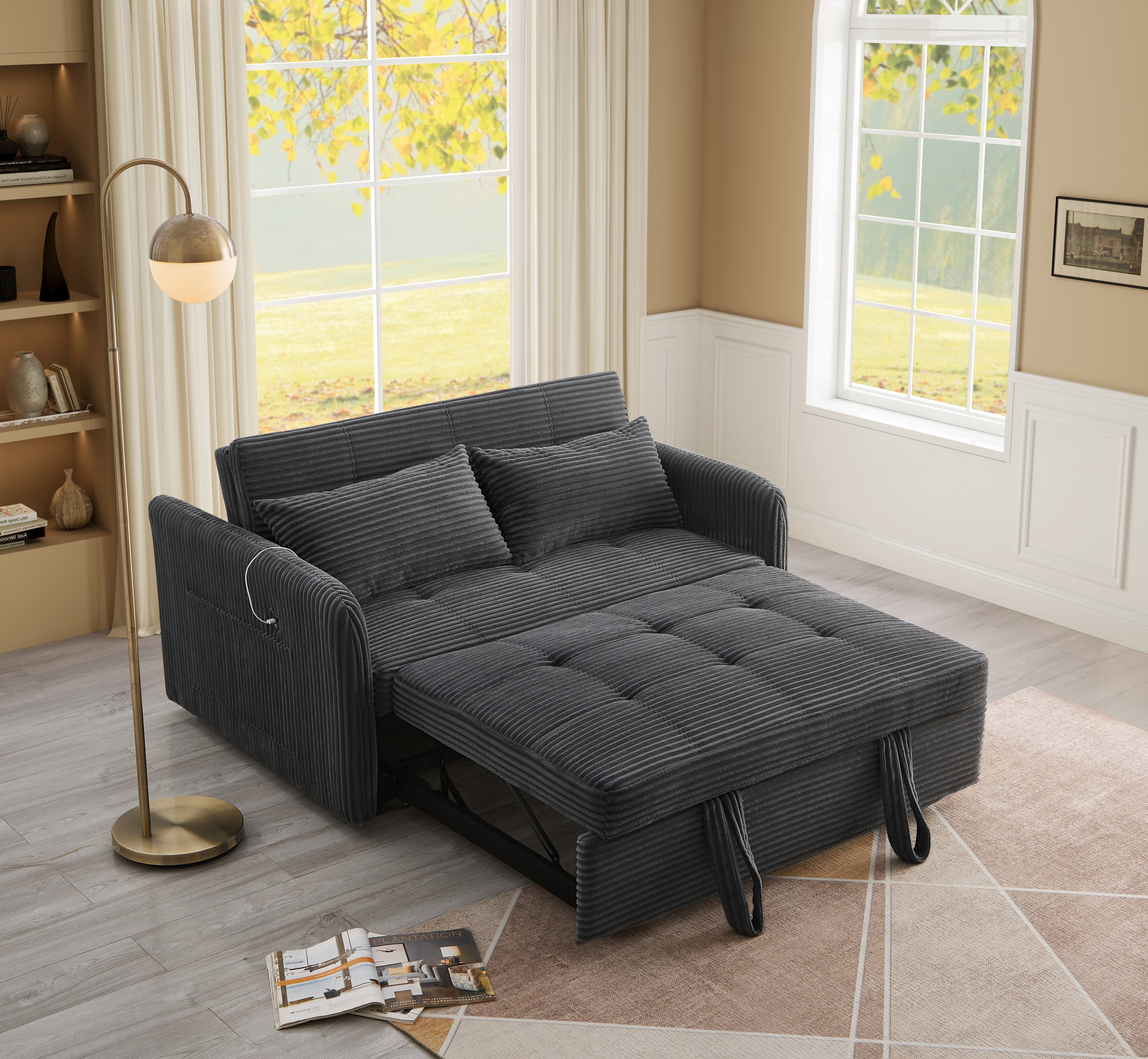 Noodeniya 55" Corduroy Twins Pull Out Sofa Bed with 2 Large Side ...