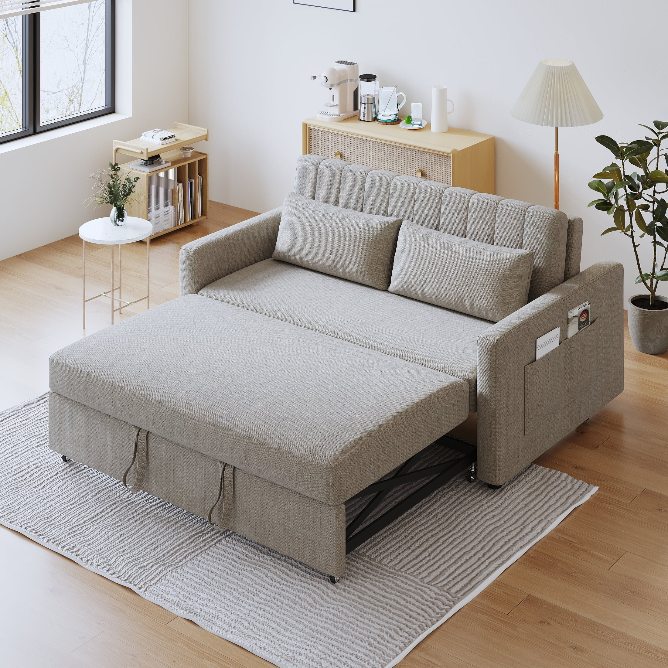 DEALTOPS 55" Modern Pull Out Loveseat Sofa Bed with 2 Detachable Arm