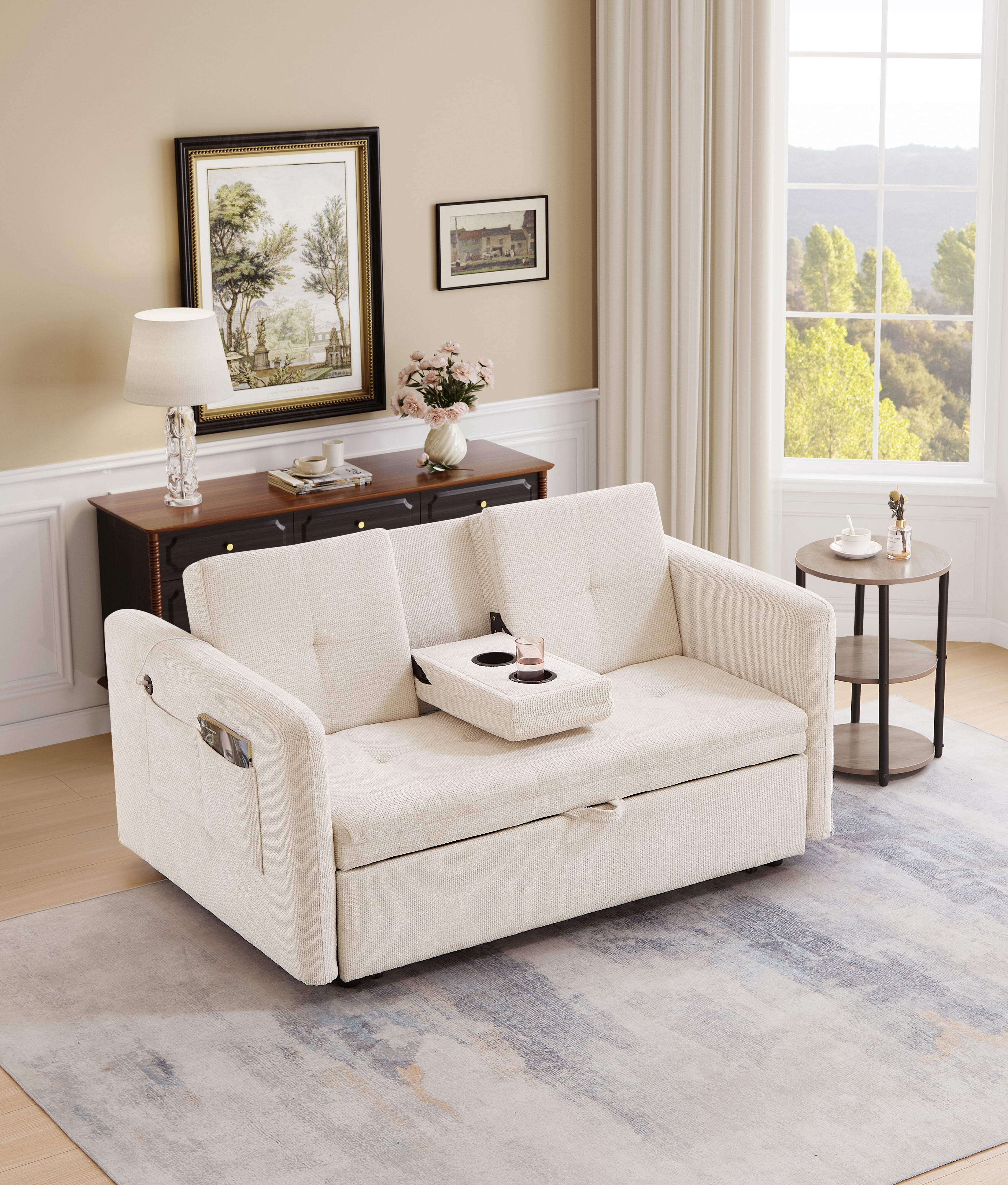 Noodeniya 57" 3 In 1 Convertible Sleeper Couch Bed with two cup holders, pull out sofa bed with USB and Side Pocket, Beige