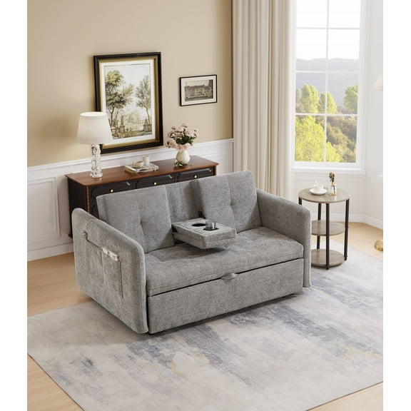 Noodeniya 57" 3 In 1 Convertible Sleeper Couch Bed with two cup holders, pull out sofa bed with USB and Side Pocket, Grey