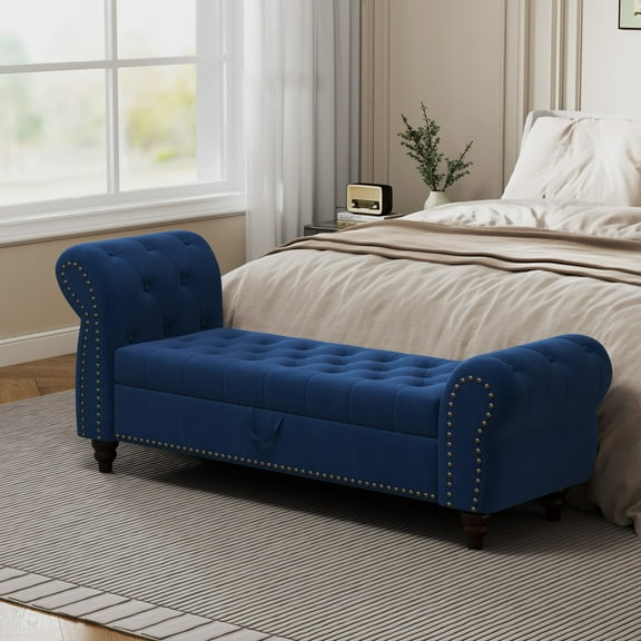 Noodeniya 64.5" Storage Bench, Velvet Bench with Nails Tufted Chaise of Lounge for Enterway Bedroom, Navy Blue