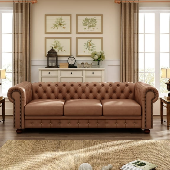 Noodeniya Chesterfield Sofa with Rolled Arms, Upholstered Sofa Padded Seat, Button Tufted Sofa with Nailhead Trim and Backrest, Faux Leather Couch, Brown