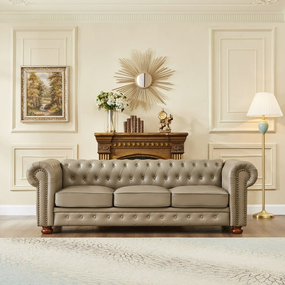 Noodeniya Chesterfield Sofa with Rolled Arms, Upholstered Sofa Padded Seat, Button Tufted Sofa with Nailhead Trim and Backrest, Faux Leather Couch, Khaki