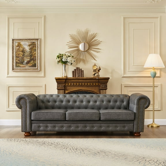 Noodeniya Chesterfield Sofa with Rolled Arms, Upholstered Sofa Padded Seat, Button Tufted Sofa with Nailhead Trim and Backrest, Dark Gray