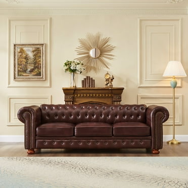 Noodeniya Faux leather Chesterfield Sofa with Rolled Arms, Upholstered Sofa Padded Seat, Button Tufted Sofa with Nailhead Trim and Backrest, Burgundy