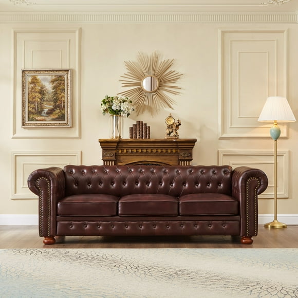 Noodeniya Faux leather Chesterfield Sofa with Rolled Arms, Upholstered Sofa Padded Seat, Button Tufted Sofa with Nailhead Trim and Backrest, Burgundy