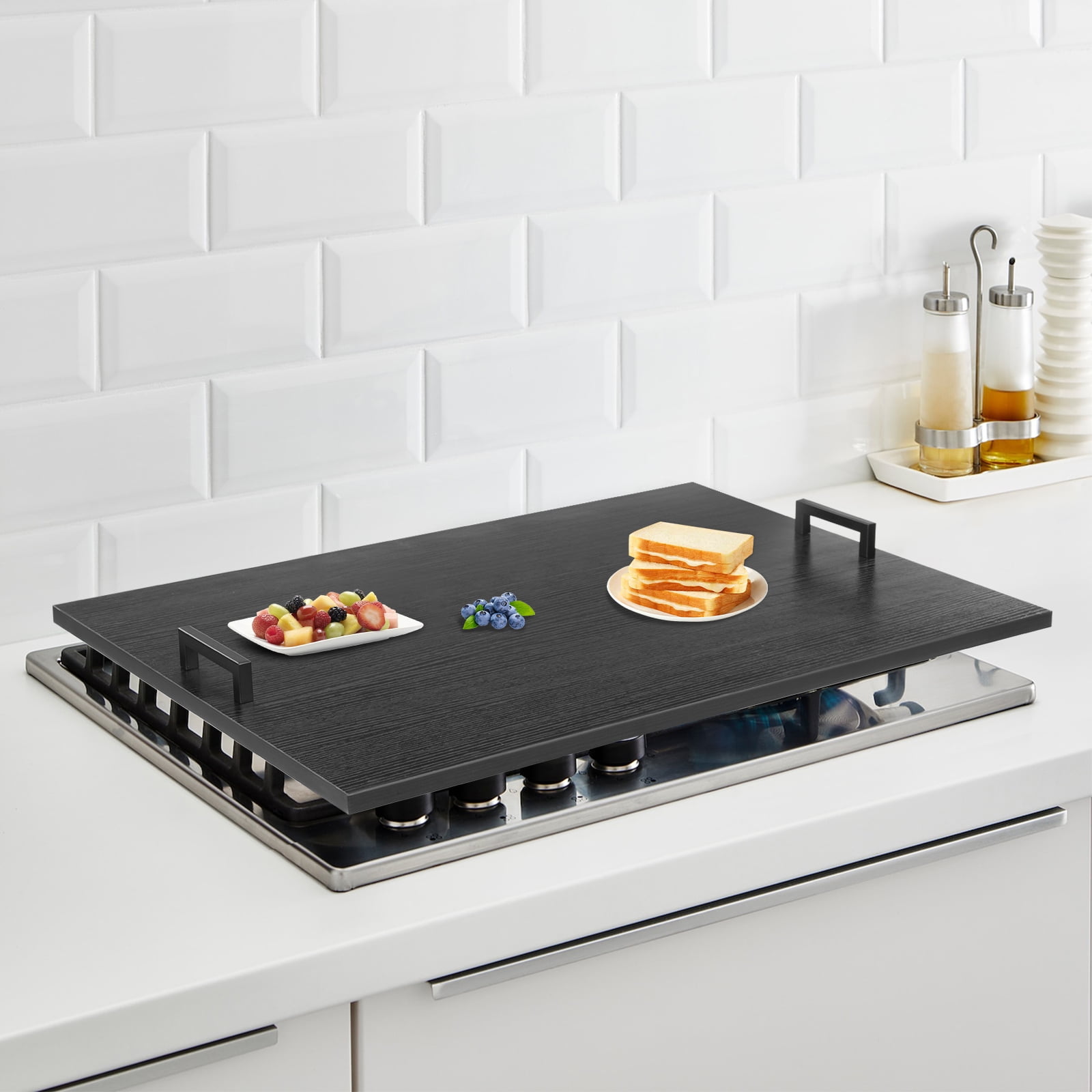 Noodle Board Stove Cover 29 x 21 Inch Acacia Wood Stove Top Cover with Black Handle
