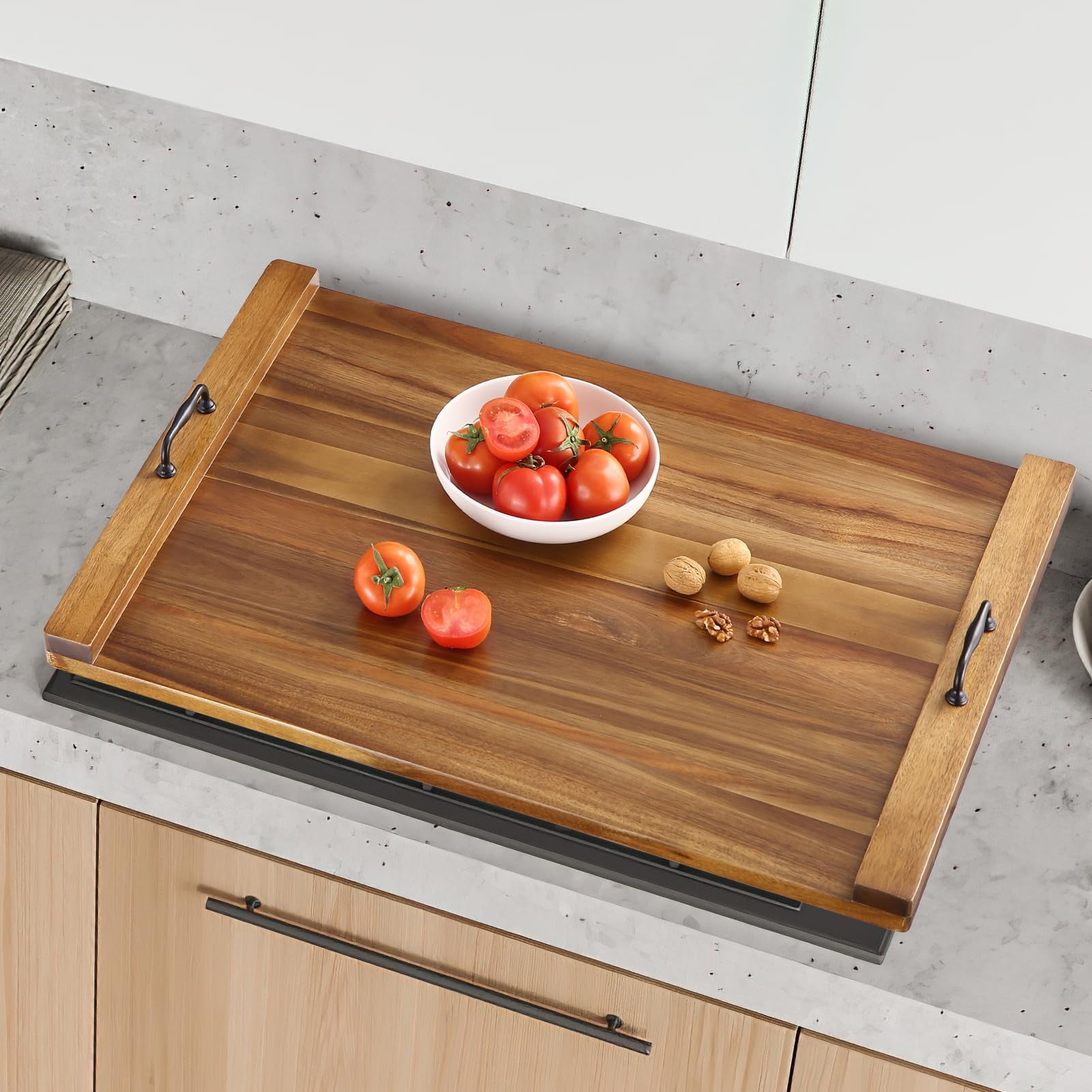 Noodle Board Stove Cover, Acacia Wood Stove Cover with Handle, Suitable for Electric Stove, Gas Stove, Kitchen Countertop Tray