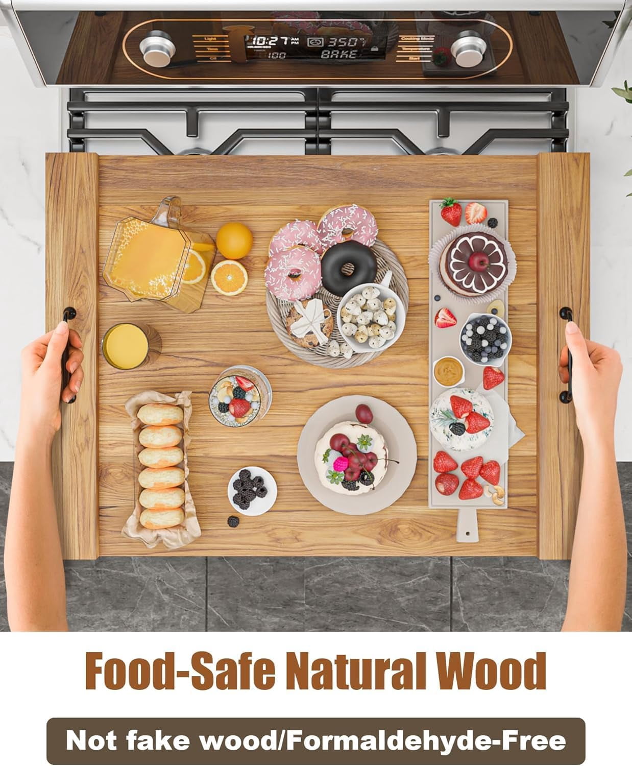 Noodle Board Stove Cover with Handles for Electric, Gas Stove Top 22 "x 30 "Acacia Wood Range Stovetop Protector