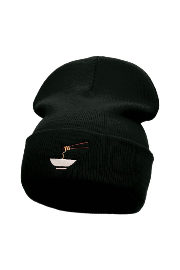 Noodle Bowl Embroidered 12 Inch Long Knitted Beanie - Black OSFM
