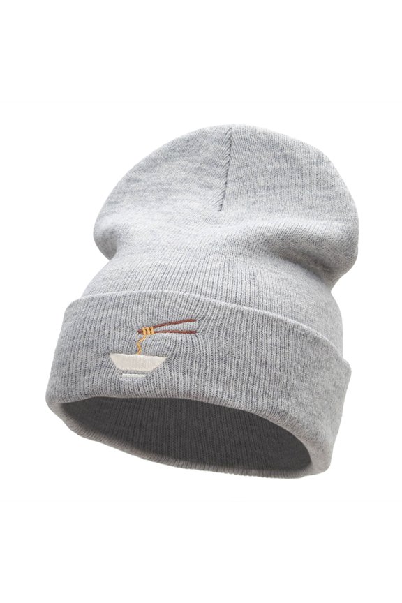 Noodle Bowl Embroidered 12 Inch Long Knitted Beanie - Heather Grey OSFM