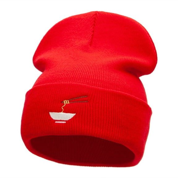 Noodle Bowl Embroidered 12 Inch Long Knitted Beanie - Red OSFM