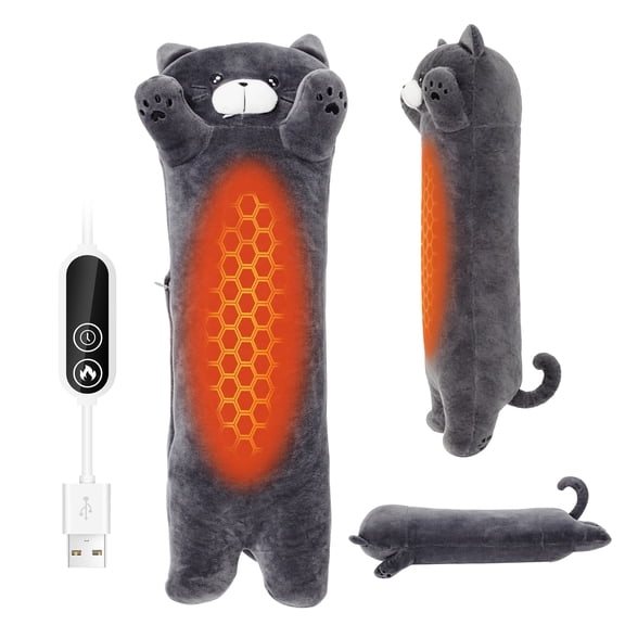 Noodle Cat Heating Pad for Period Cramps,Menstrual Pain Relief,Cute Stuffed Animal Electric Heating Pad,USB Powered Heated Plush Toy,Portable Warm Cushion Gift for Women Teen Girls Christmas,Grey