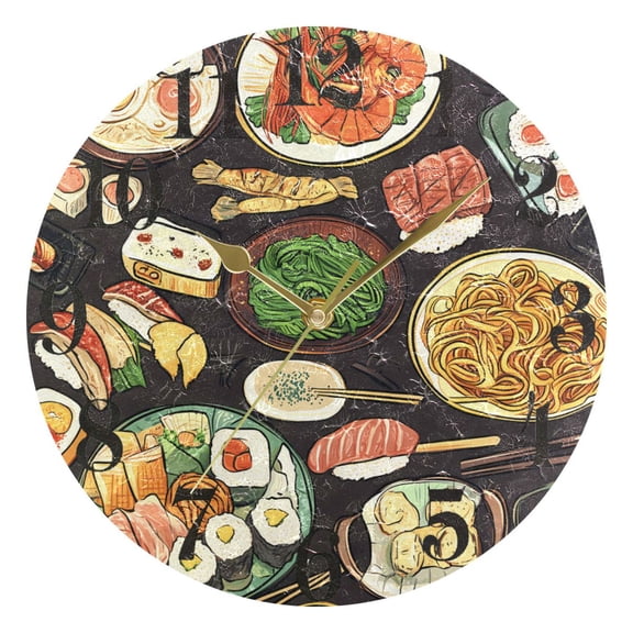 Noodle Sushi Prawns Round Wall Clock Battery Operated Silent Non-Ticking Bedroom Office Kitchen Home School Decor 10"(Gold)