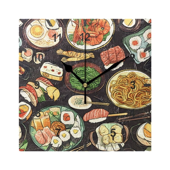 Noodle Sushi Prawns Wall Clock Battery Operated Silent Non-Ticking Bedroom Office Kitchen Home School Decor 7.8"(Black)