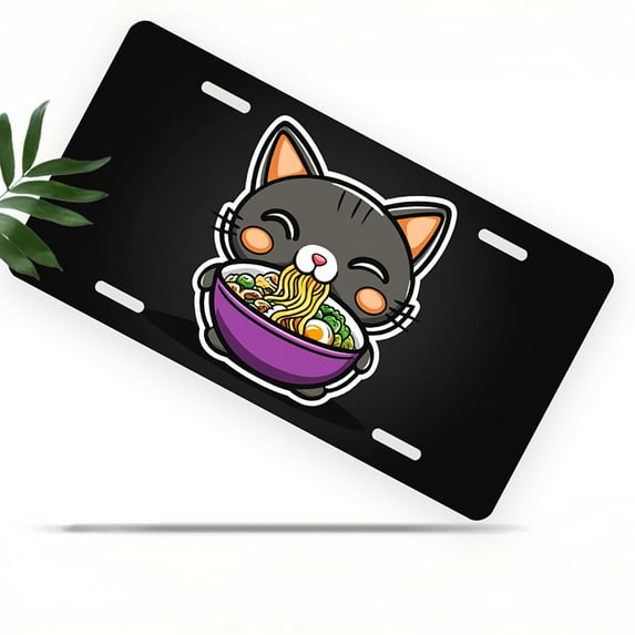 Noodle eating Cat Front License Plate, Metal License Plate, Funny Standard Plates Personalized Novelty Decorative For Men/Women/Boys/Girls Car 6×12 Inch