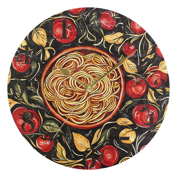 Noodles and Tomatoes Round Wall Clock Battery Operated Silent Non-Ticking Bedroom Office Kitchen Home School Decor 10"(Gold)