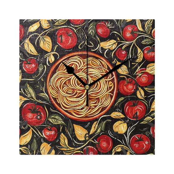 Noodles and Tomatoes Wall Clock Battery Operated Silent Non-Ticking Bedroom Office Kitchen Home School Decor 7.8"(Black)