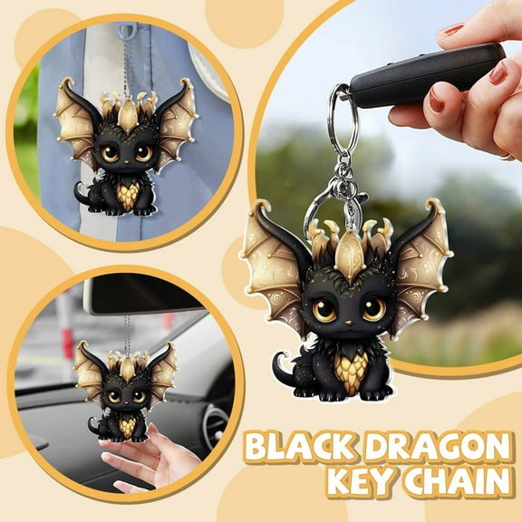 NookHive 2D Cartoon Black Dragon Car Acrylic Pendant, Cool Rearview Mirror Keychain Fantasy Gift with Random Chain,black
