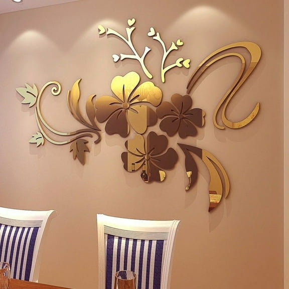 NookHive 3D Mirror Floral Art Removable Wall Sticker, Acrylic Mural Decal for Home Room Decor, Modern Reflective Design,Gold