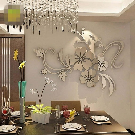 NookHive 3D Mirror Floral Art Removable Wall Sticker, Acrylic Mural Decal for Home Room Decor, Modern Reflective Design,Silver
