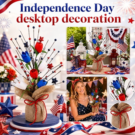 NookHive 4th of July Centerpiece Set - Artificial Tulip Berry Bush with Stars, Red White Blue Berry Pick for Independence Day Table Decor and Patriotic Party