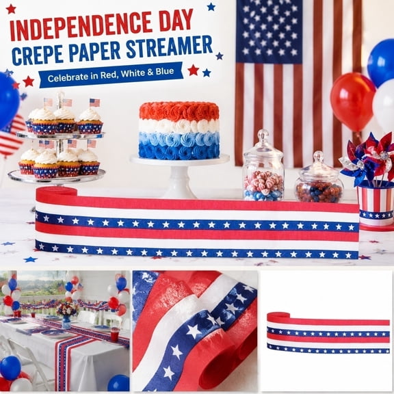 NookHive 4th of July Streamer Set - 32.8ft Red White Blue Crepe Paper Roll, 250th Anniversary Party Decor for Independence Day Celebration, Crinkle Ribbon,white