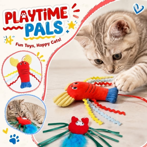 NookHive Shrimp Crab Colorful Feather Wand - Plush Cat Toy with Crinkle Sound, Cat Tickling Stick Toy for Kittens, Interactive Cat Toys for Indoor Cats, Sea Creature Design,A