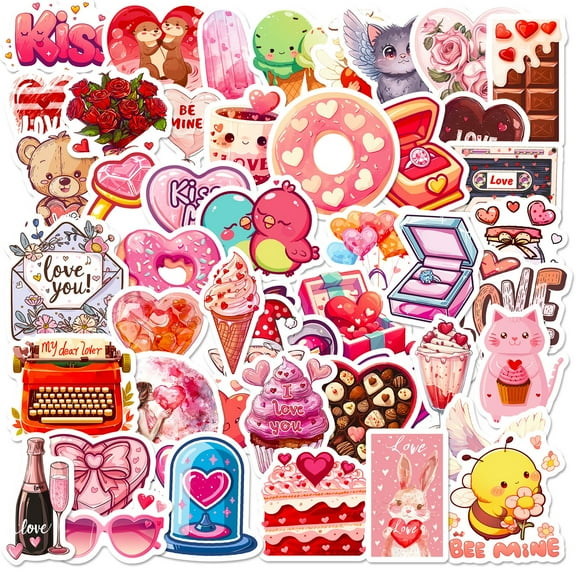 NookHive50 Pcs Valentine's Day Stickers for Kids, Love Stickers for Teens Girls Adults, Heart Shaped Scrapbook Stickers for DIY