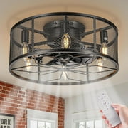 NookNova 18 Black Farmhouse Caged Ceiling Fan with Lights and Remote, Flush Mount Low Profile Ceiling Fan Lighting, Industrial Bladeless Enclosed Rustic Ceiling Fan Lights for Home Office