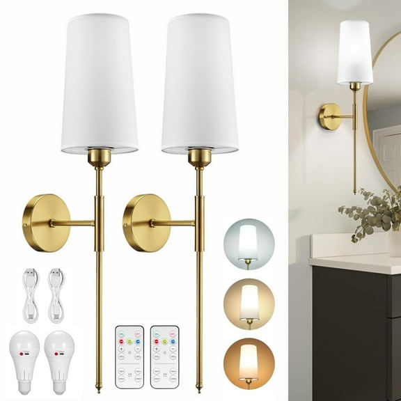 NookNova 2 Pack Battery Operated Wall Sconces Modern Gold Wireless Rechargeable Wall Lights with Remote Control, White Fabric Dimmable Wall Lamp Fixtures for Bedroom Living Room Hallway, Bulb Included