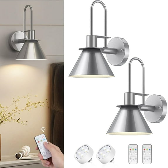 NookNova 2 Pack Battery Operated Wall Sconces, Silver Metal Industrial Wireless Wall Lights , Dimmable LED Battery Powered Wall Lamp Fixture with Remote Control for Bedroom, Living Room, Hallway