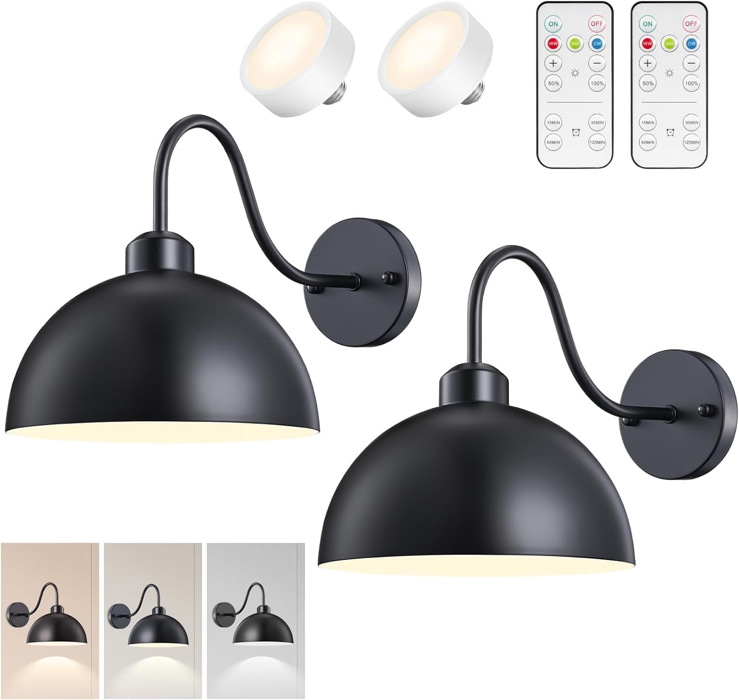 NookNova 2 Pack LED Battery Operated Wall Sconces with Remote Control, Dimmable Wireless Wall Lamp Wall Light Fixture, Industrial Black Metal Lampshade Wall Lighting for Bedroom, Living Room, Hallway