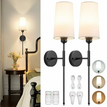 NookNova Battery Operated Wall Sconce Set of 2, Rechargeable Wall Sconce With Remote Dimmable Wireless Battery Powered Wall Lamp Decor Fixture For Bedroom Living Room White Fabric Shade Included Bulbs