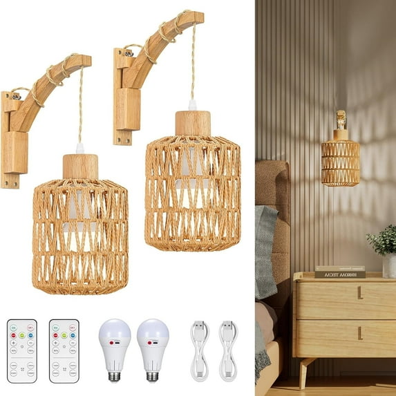 NookNova Wall Sconces Set of Two, Battery Operated Wall Sconce with Remote, Boho Rattan Wall Lighting with Rechargeable Bulbs, Wireless Swing Arm Woven Lantern Wall Light/Lamp for Bedroom Living Room