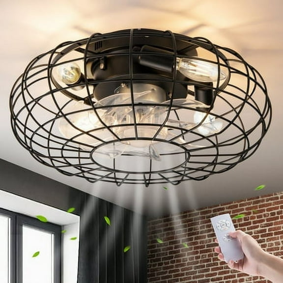 Nooknova 16" Black Caged Ceiling Fan Light with Remote Control, Flush Mount Industrial Farmhouse Bladeless Caged Ceiling Fan with Lights, 3 Speed Adjustable for Indoor,Living Room,Bedroom,Dining Room