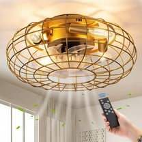 Nooknova 16" Gold Caged Industrial Farmhouse LED Light Flush Mount Living Room Ceiling Fan with Remote Control