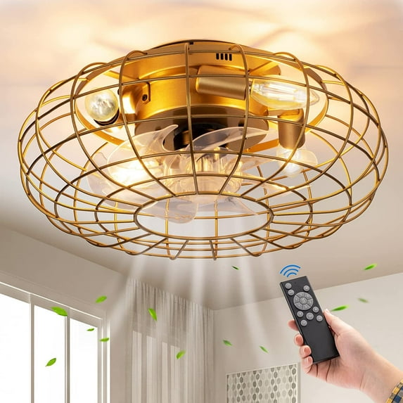 Nooknova 16" Gold Caged Industrial Farmhouse LED Light Flush Mount Living Room Ceiling Fan with Remote Control