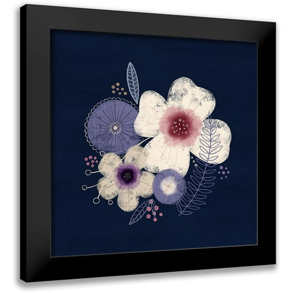 Noonday Design 12x12 Black Modern Framed Museum Art Print Titled - Cream Florals on Navy II