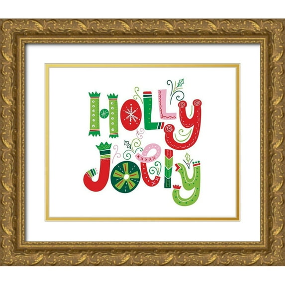 Noonday Design 18x15 Gold Ornate Wood Framed with Double Matting Museum Art Print Titled - Festive Lettering-Holly Jolly