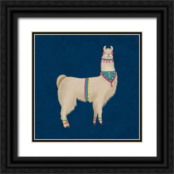 Noonday Design 26x26 Black Ornate Wood Framed with Double Matting Museum Art Print Titled - Lovely Llama Jewel Tones III-Blue