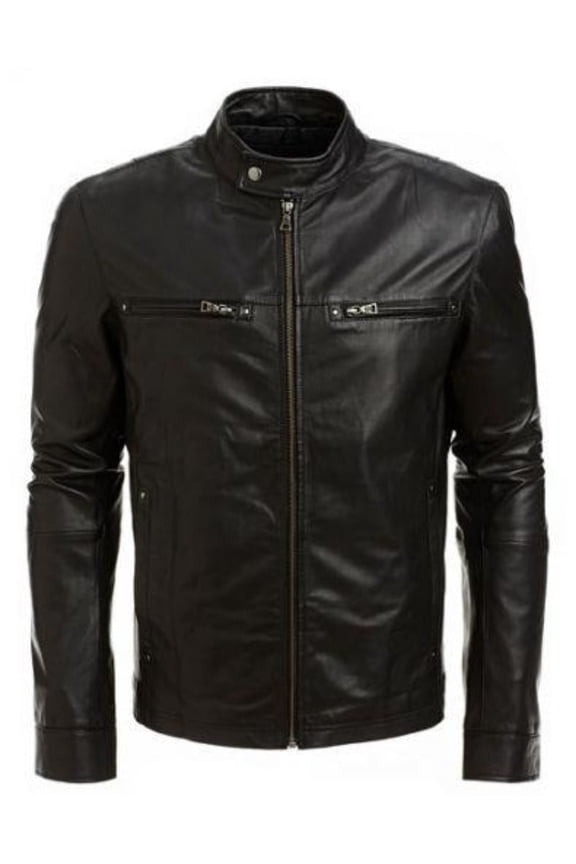 100% Real Lambskin Leather Black Racer Jacket With Zipper Pocket & Snap Black Stranded Look Designer Jacket SU032