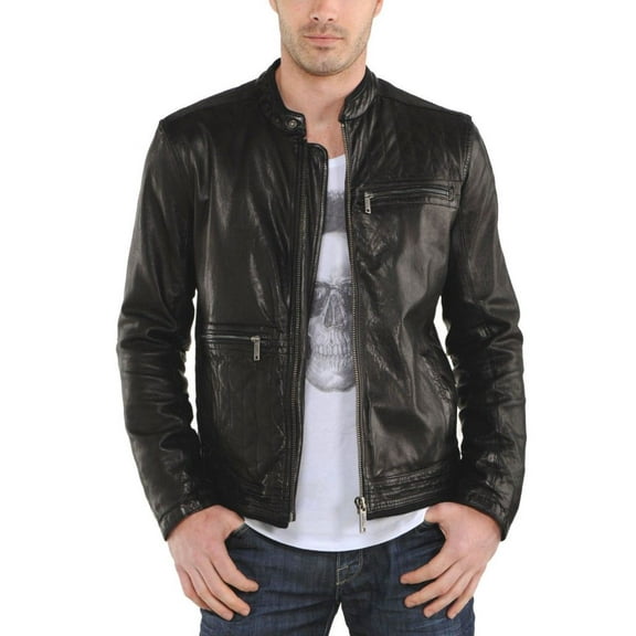 Noora Autumn Winter Men's Stand Collar Zipper Lambskin Leather Motorcycle Slim Fit Biker Jacket Black