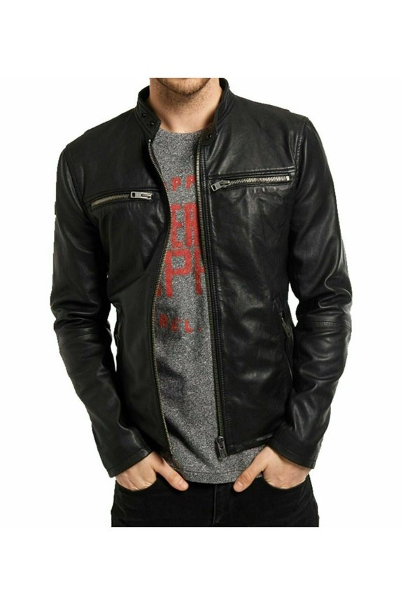 Black Genuine Sheepskin Leather Jacket Men's Slim fit Biker Leather Black Jacket YK50